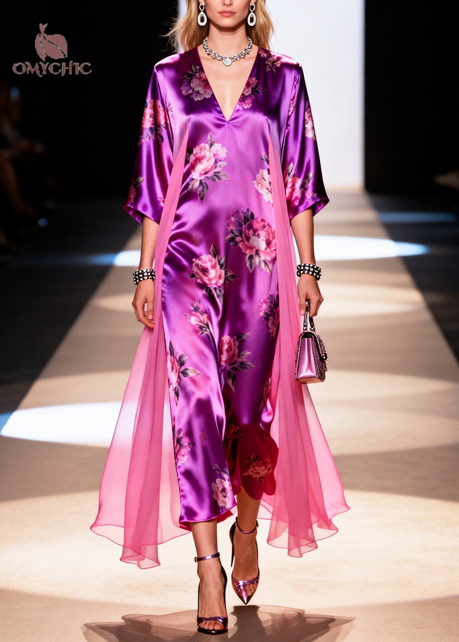 Satin Floral Print Deep V-Neck Wide Sleeve Sheer Side Drape Maxi Dress