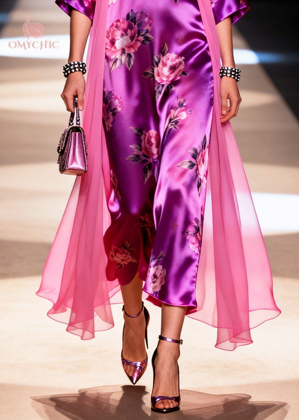 Satin Floral Print Deep V-Neck Wide Sleeve Sheer Side Drape Maxi Dress