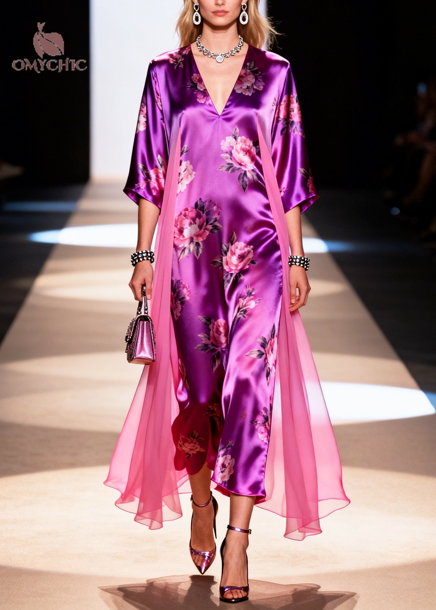 Satin Floral Print Deep V-Neck Wide Sleeve Sheer Side Drape Maxi Dress
