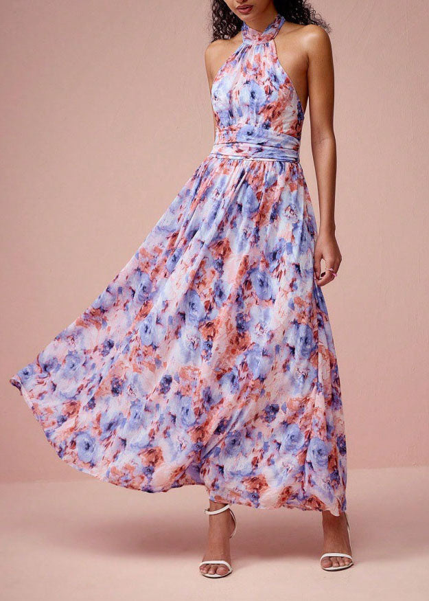Halter Neck Pleated Cinched Waist A-Line Maxi Dress