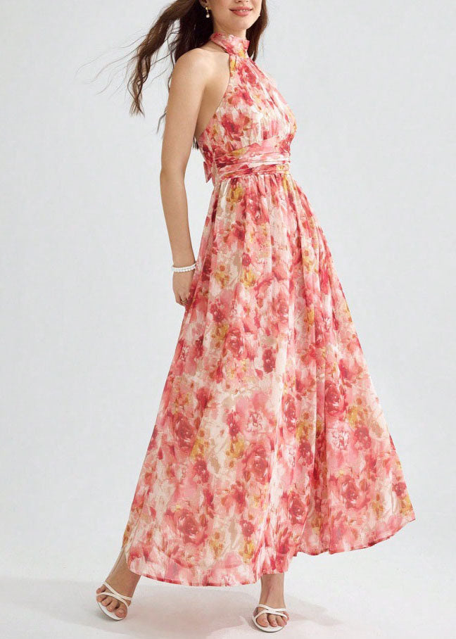 Halter Neck Pleated Cinched Waist A-Line Maxi Dress