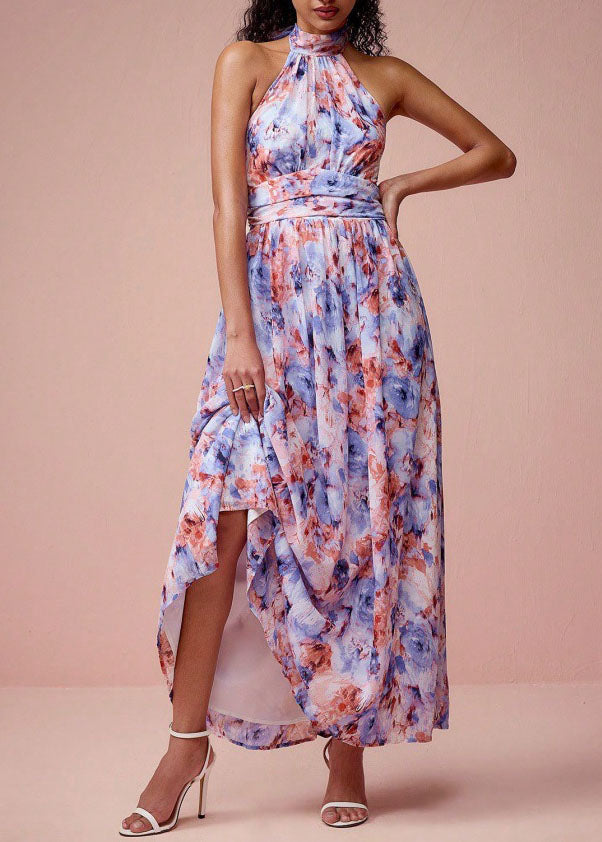 Halter Neck Pleated Cinched Waist A-Line Maxi Dress