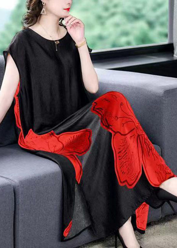 Floral Print Short Sleeve Round Neck Side Slit Satin Maxi Dress