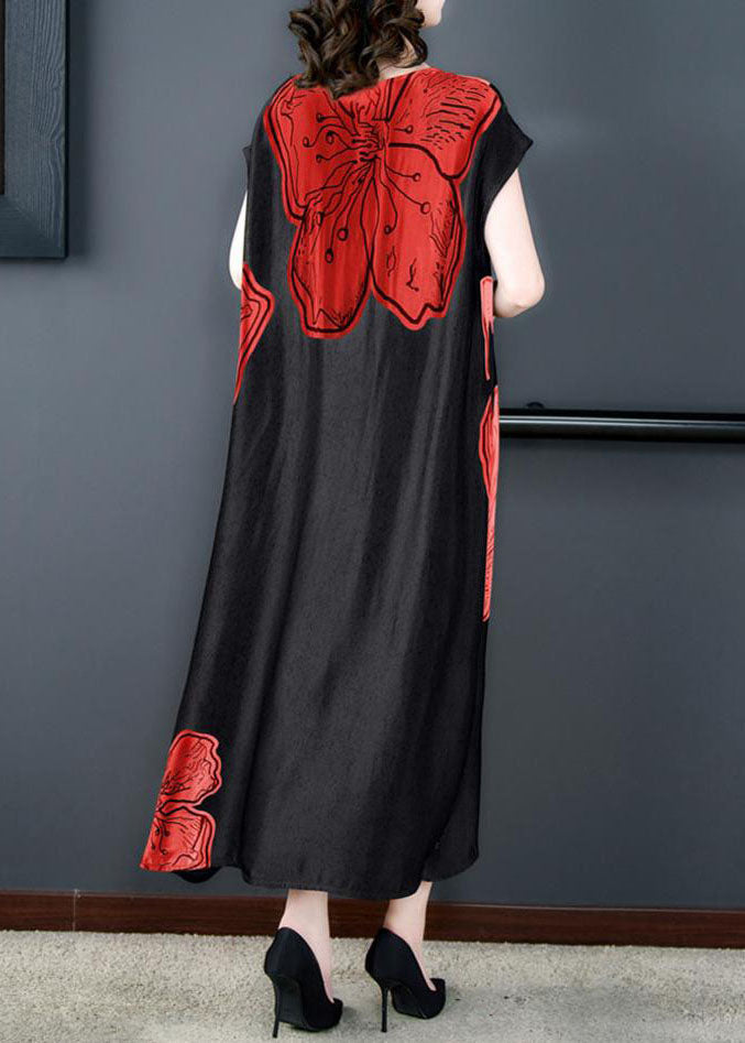 Floral Print Short Sleeve Round Neck Side Slit Satin Maxi Dress
