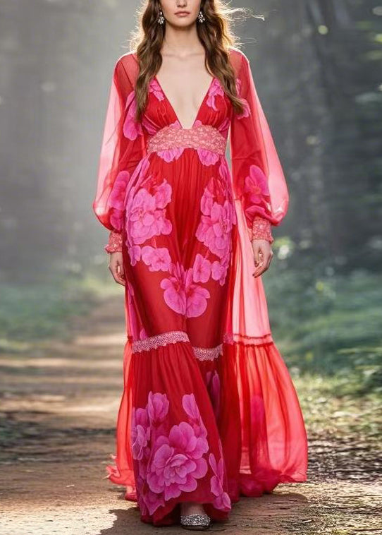 Floral Print Deep V-Neck Long Puff Sleeve Lace Trim Tiered Maxi Gown