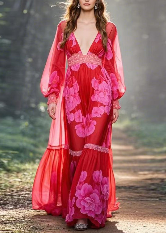 Floral Print Deep V-Neck Long Puff Sleeve Lace Trim Tiered Maxi Gown