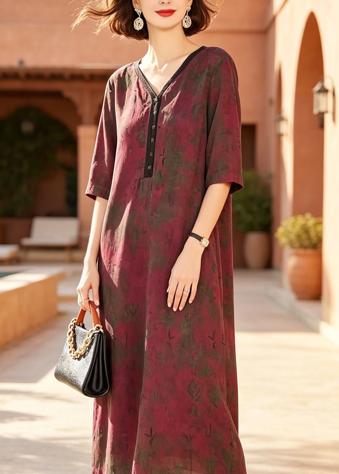 V-Neck Button Front Abstract Print Elbow Sleeve Relaxed Midi Dress