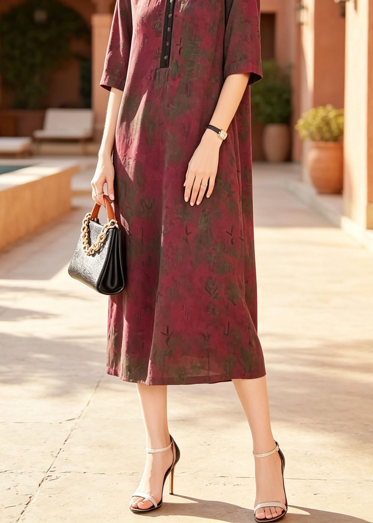 V-Neck Button Front Abstract Print Elbow Sleeve Relaxed Midi Dress