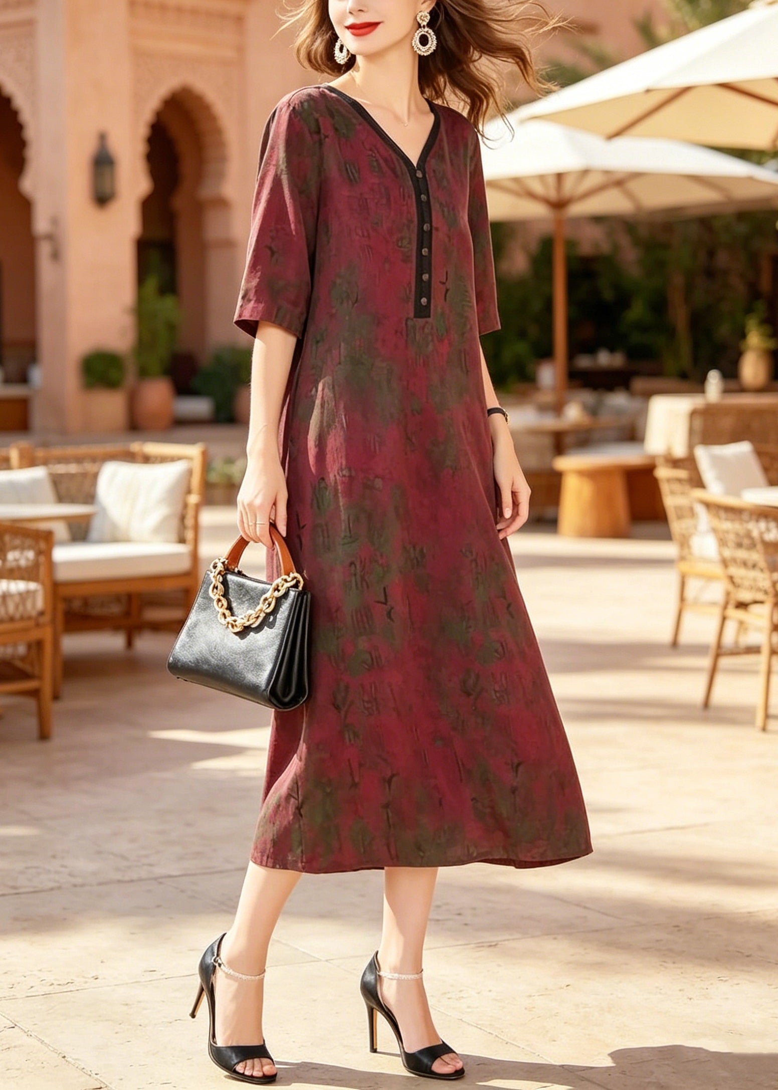 V-Neck Button Front Abstract Print Elbow Sleeve Relaxed Midi Dress