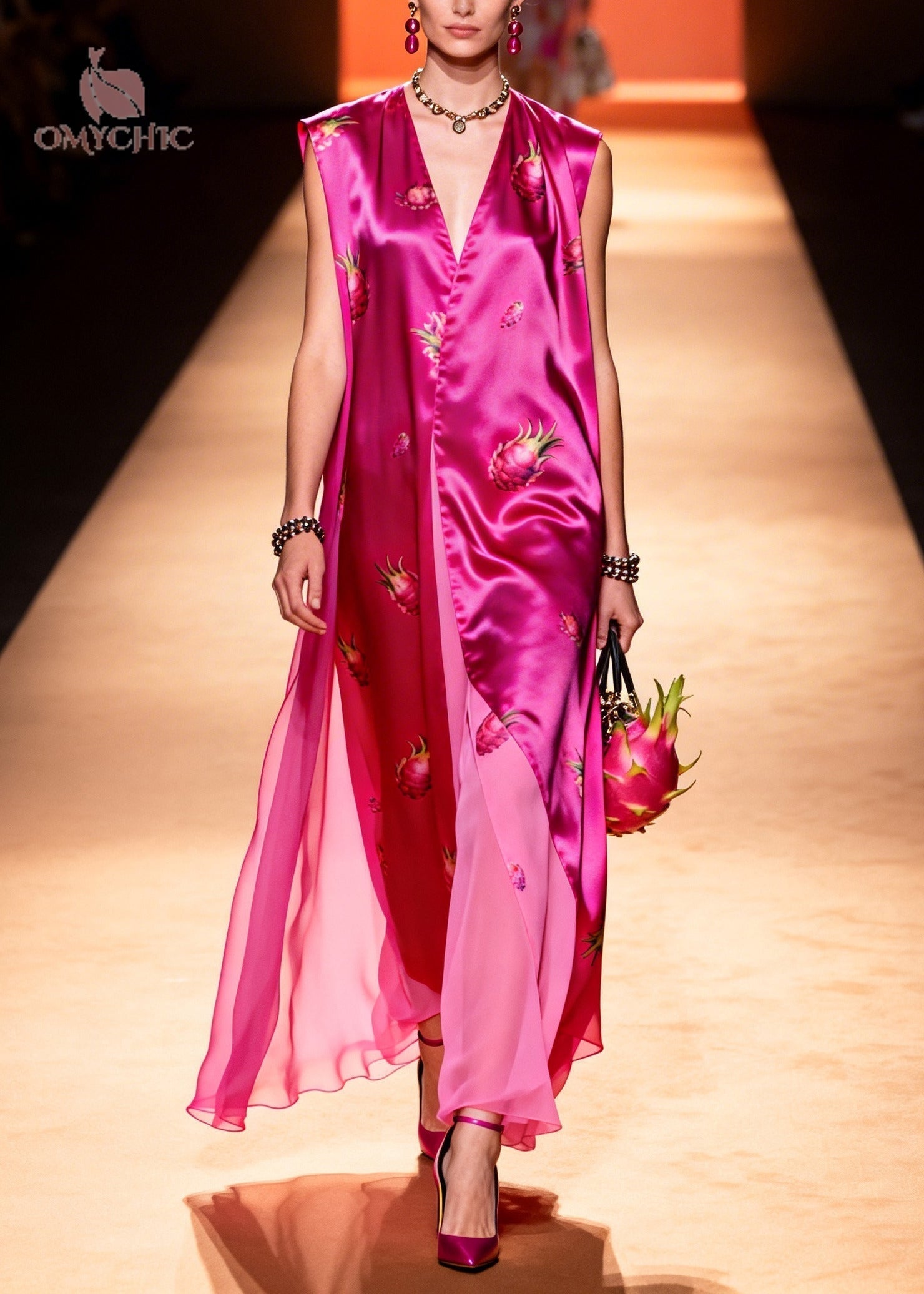 Women Rose Oversized Print Chiffon Maxi Dress Sleeveless - View 3
