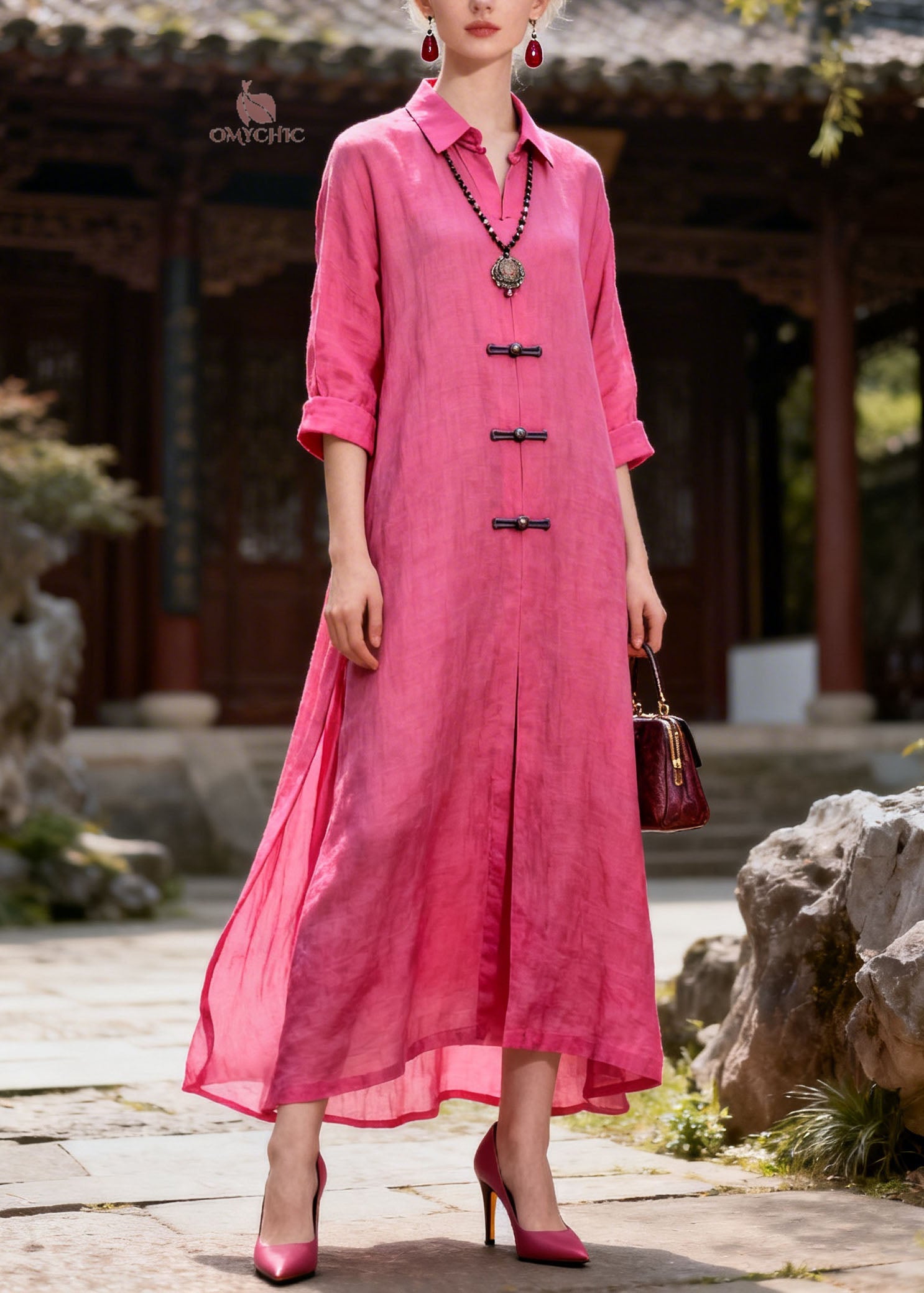 Women Rose Peter Pan Collar Patchwork Chinese Button Cotton Dresses Summer