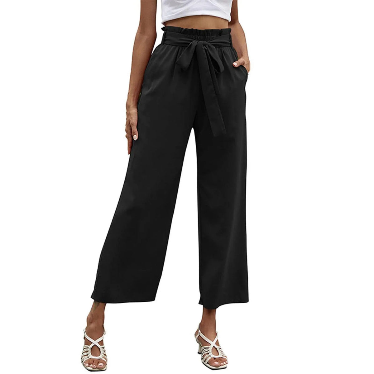 Paperbag High Waist Bow Tie Belted Cropped Wide Leg Pants 5