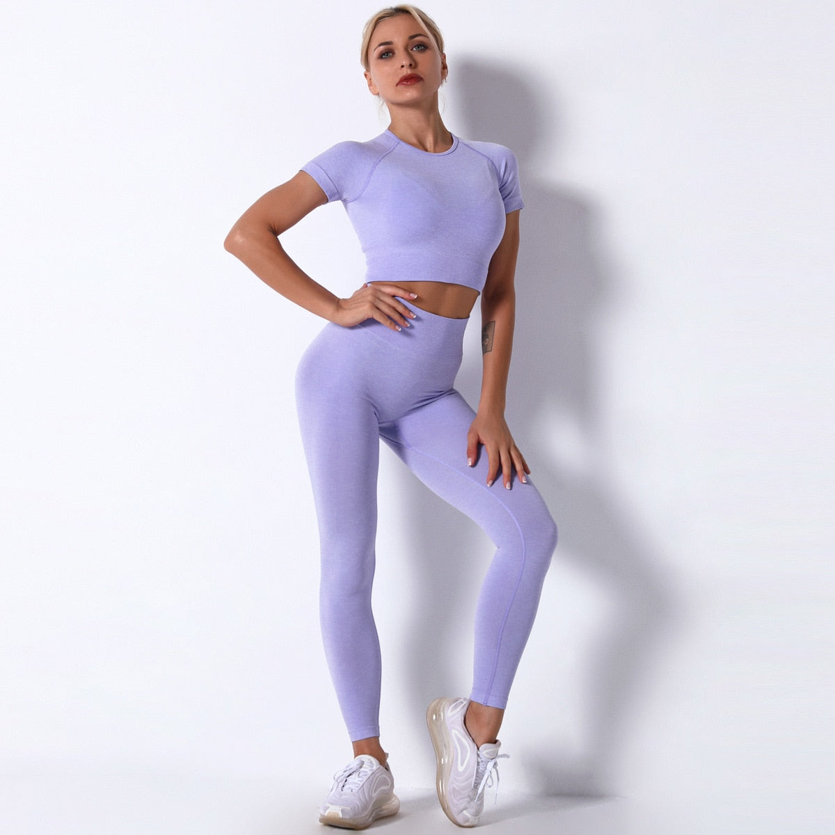 Seamless Short Sleeve Crop Top and High Waist Leggings Two Piece Set 7