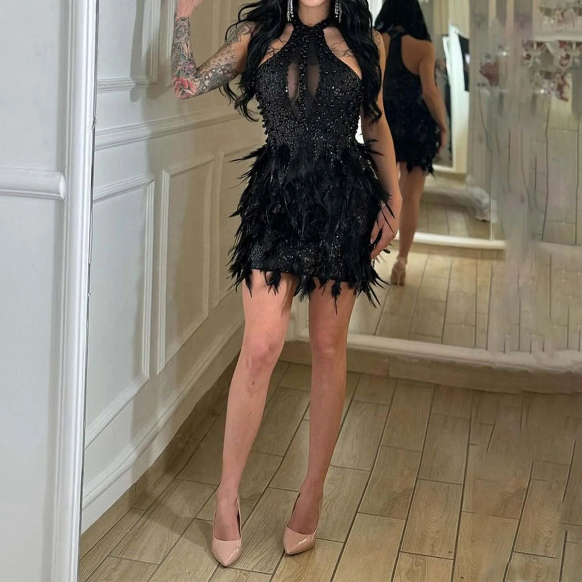 Halter Neck Beaded Sequin Cut Out Faux Feather Mini Dress 4