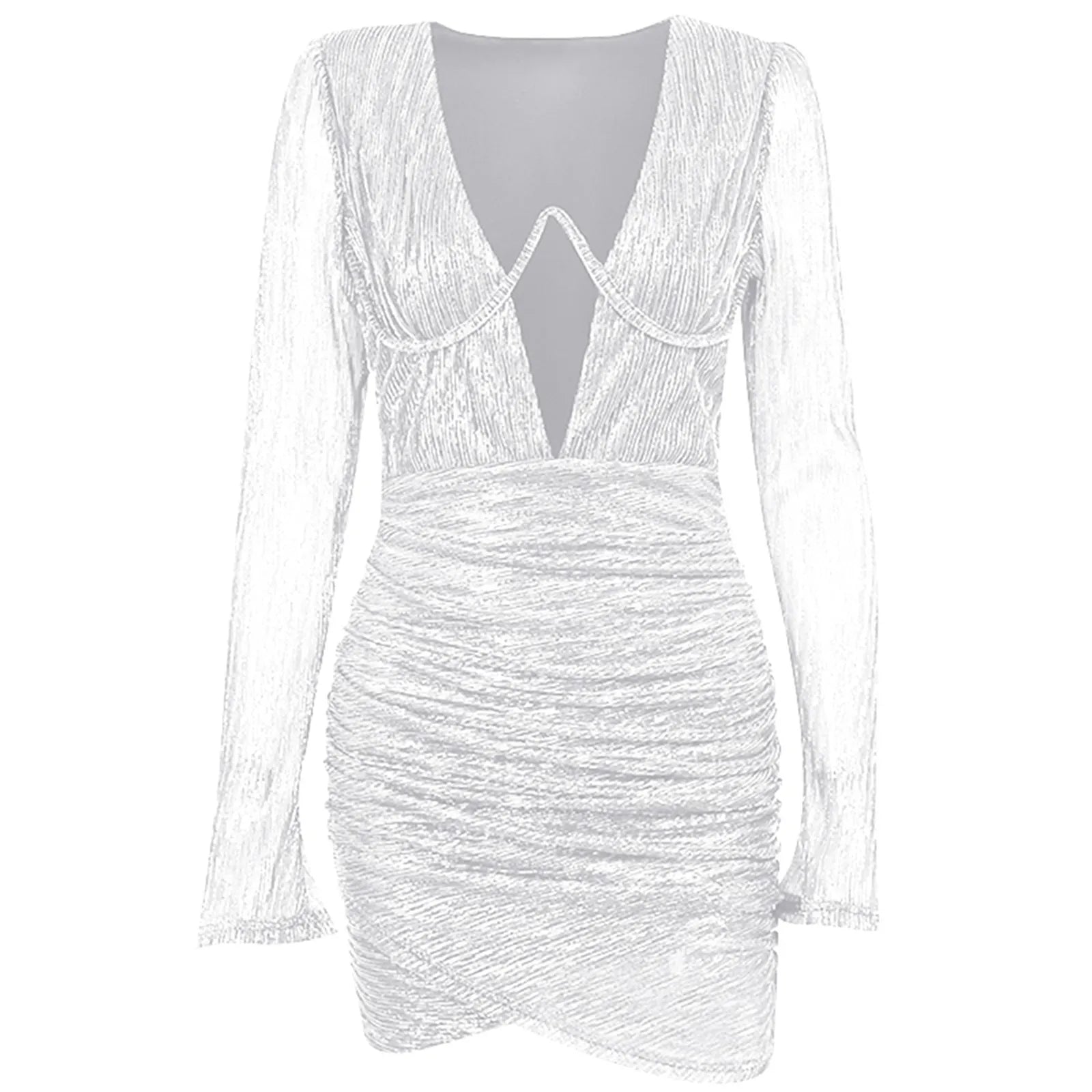 Glitter Deep V-Neck Long Sleeve Cut Out Ruched Bodycon Mini Party Dress