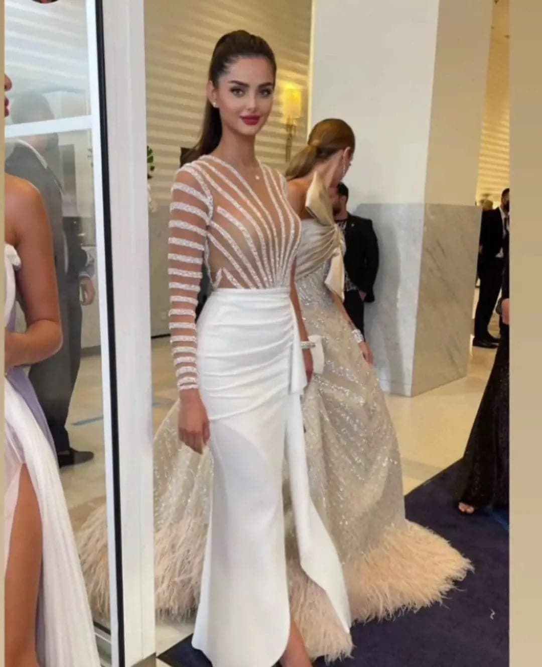 Deep V-Neck Long Sleeve Rhinestone Sheer Ruched High Split Maxi Prom Dress