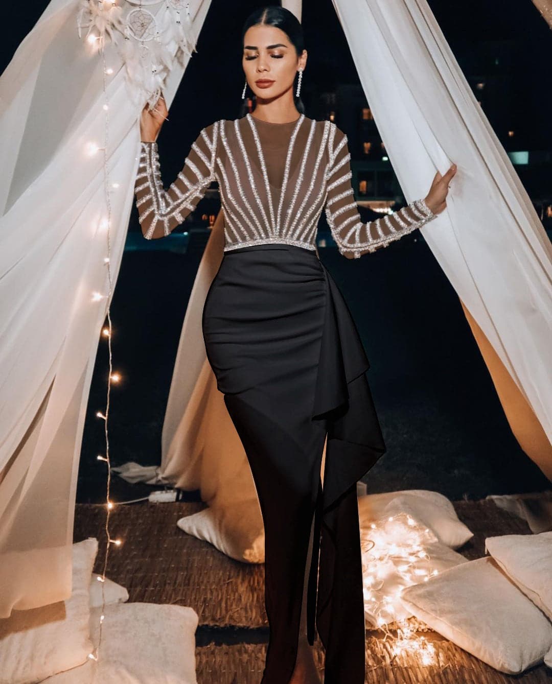 Deep V-Neck Long Sleeve Rhinestone Sheer Ruched High Split Maxi Prom Dress