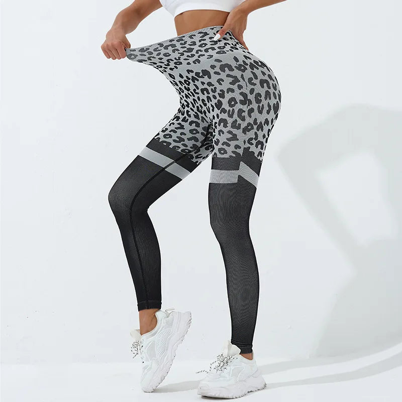 Leopard Print High Waist Seamless Contrast Panel Scrunch Butt Leggings 2