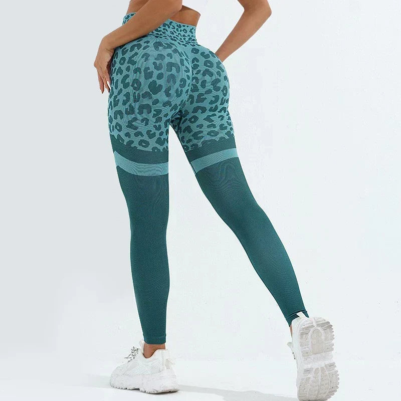Leopard Print High Waist Seamless Contrast Panel Scrunch Butt Leggings 6