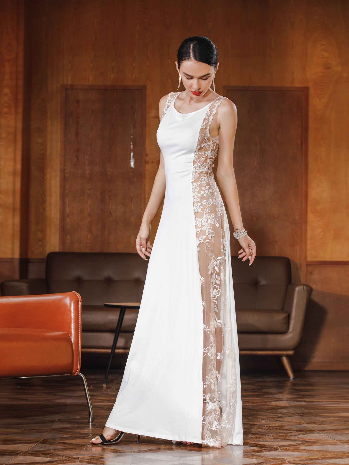 Satin Cowl Neck Sleeveless Floral Lace Mesh Panel Sheath Gown