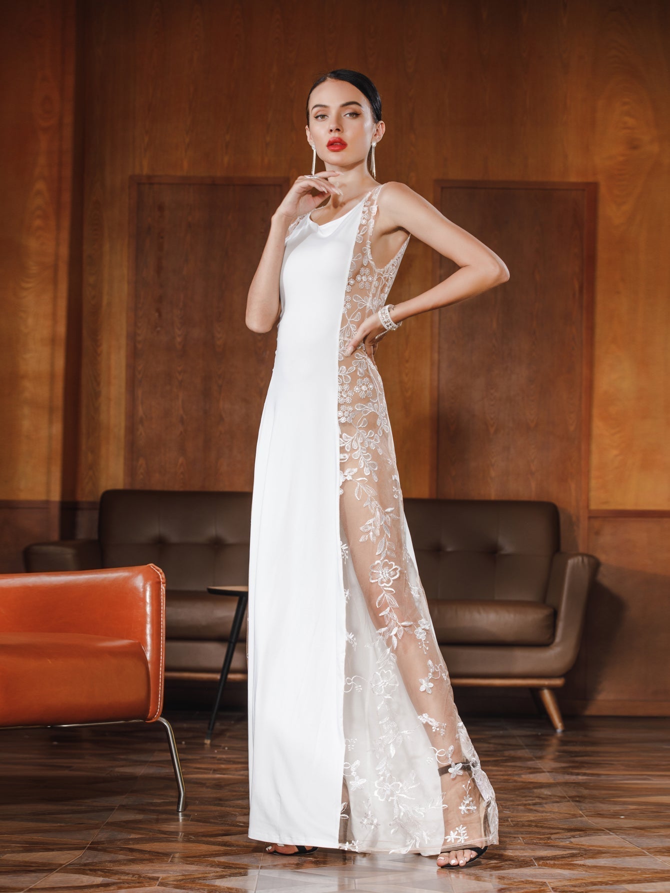 Satin Cowl Neck Sleeveless Floral Lace Mesh Panel Sheath Gown