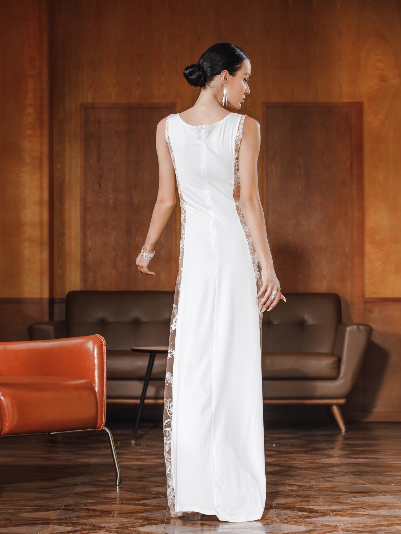 Satin Cowl Neck Sleeveless Floral Lace Mesh Panel Sheath Gown