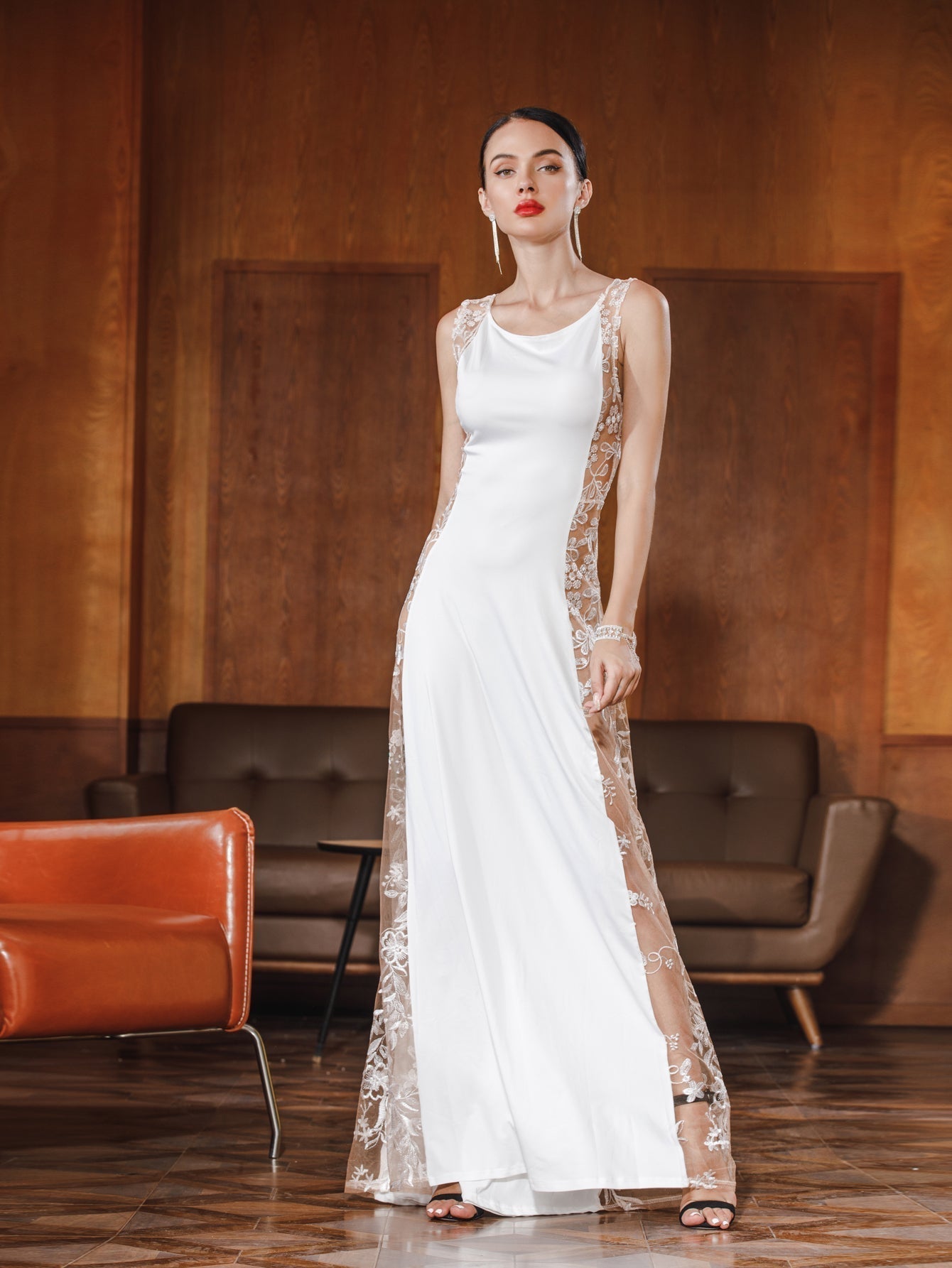 Satin Cowl Neck Sleeveless Floral Lace Mesh Panel Sheath Gown