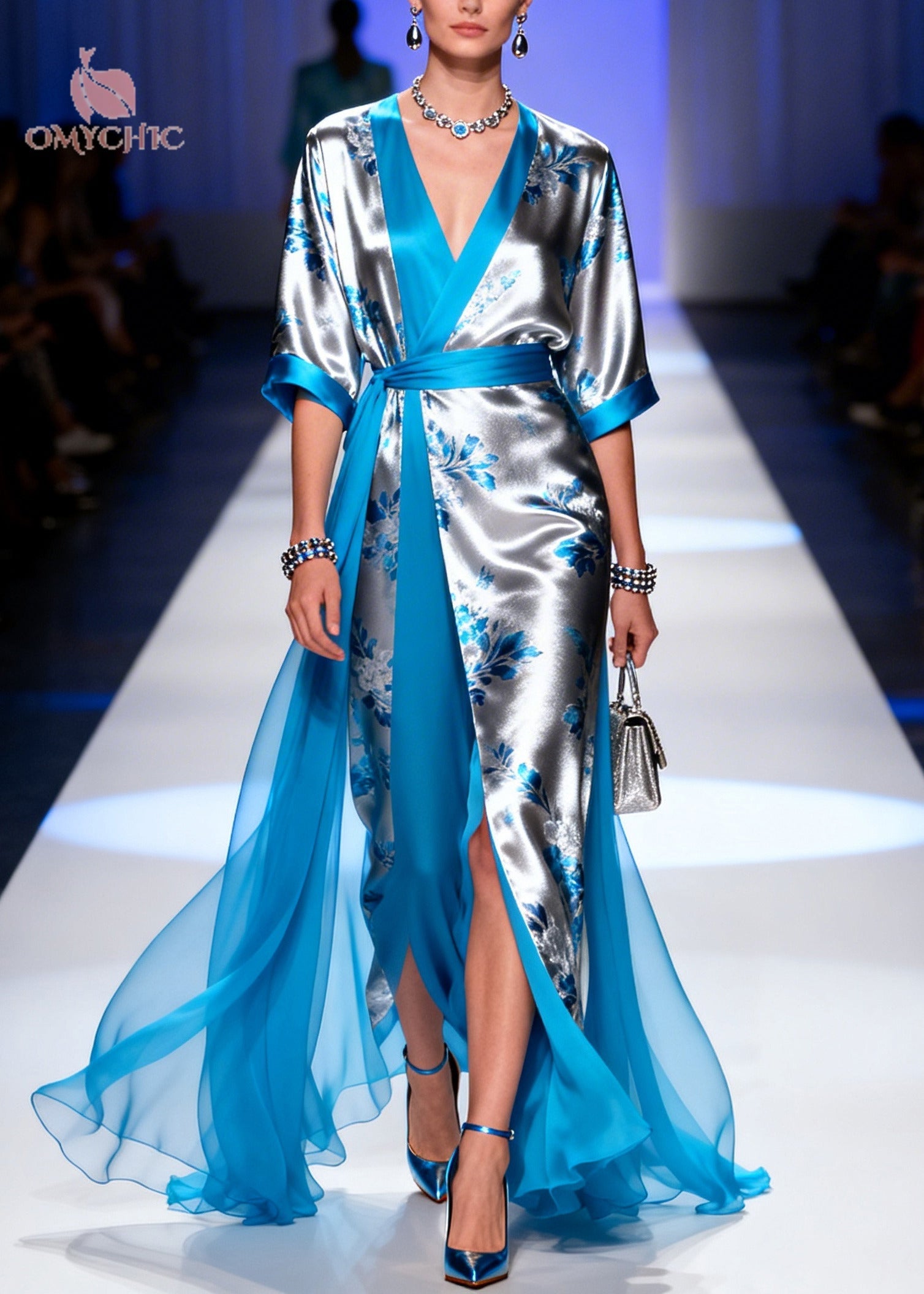 Floral Print Wrap V-Neck Kimono Sleeve Sash Waist High Split Sheer Overlay Gown