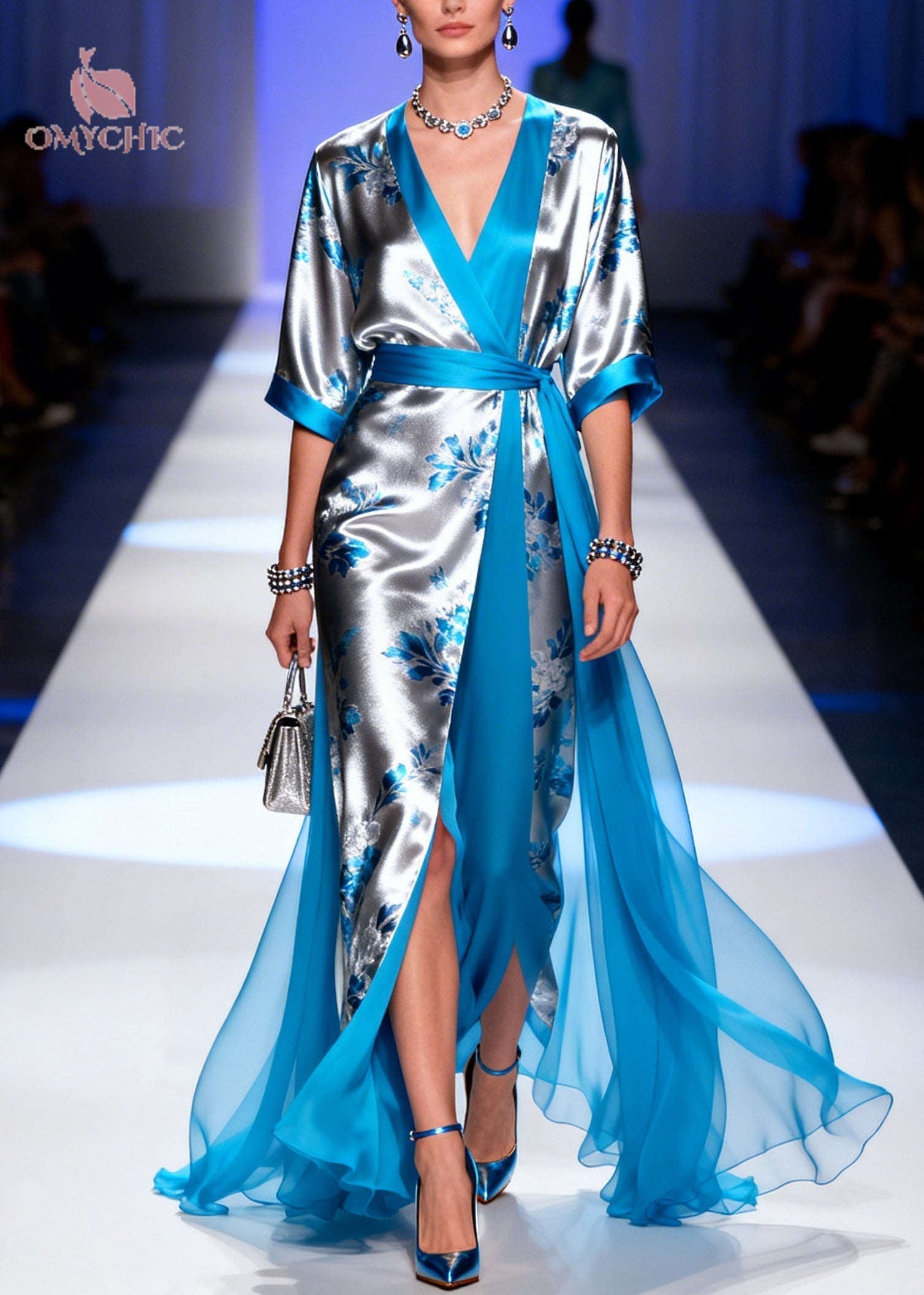 Floral Print Wrap V-Neck Kimono Sleeve Sash Waist High Split Sheer Overlay Gown