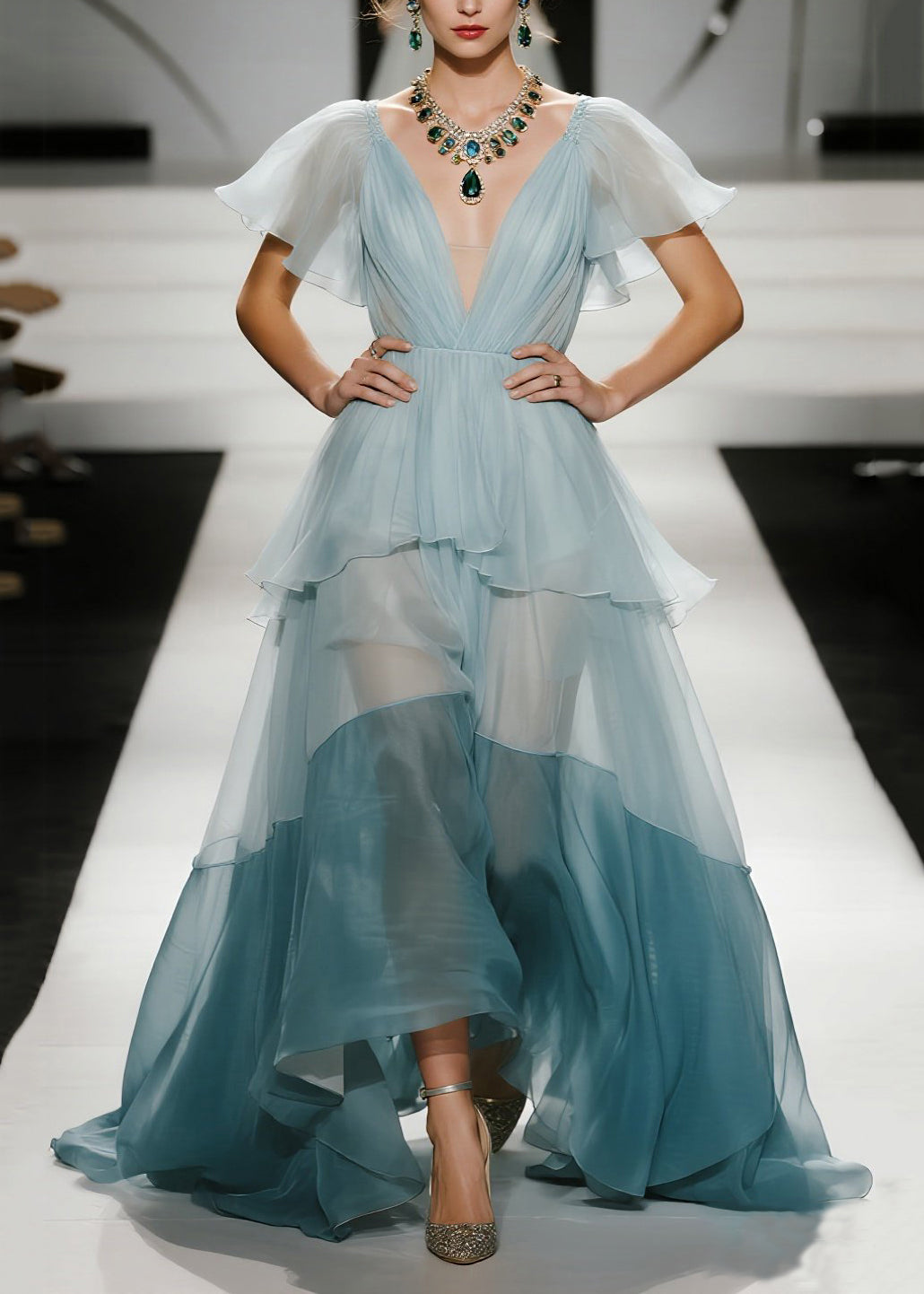 Organza Deep V-Neck Mesh Insert Flutter Sleeve Tiered Ruffle Maxi Gown