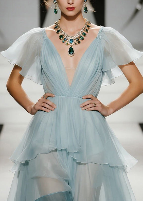 Organza Deep V-Neck Mesh Insert Flutter Sleeve Tiered Ruffle Maxi Gown