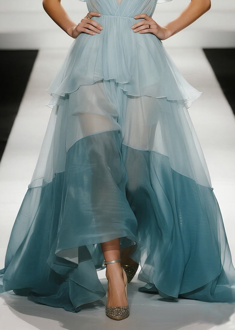 Organza Deep V-Neck Mesh Insert Flutter Sleeve Tiered Ruffle Maxi Gown