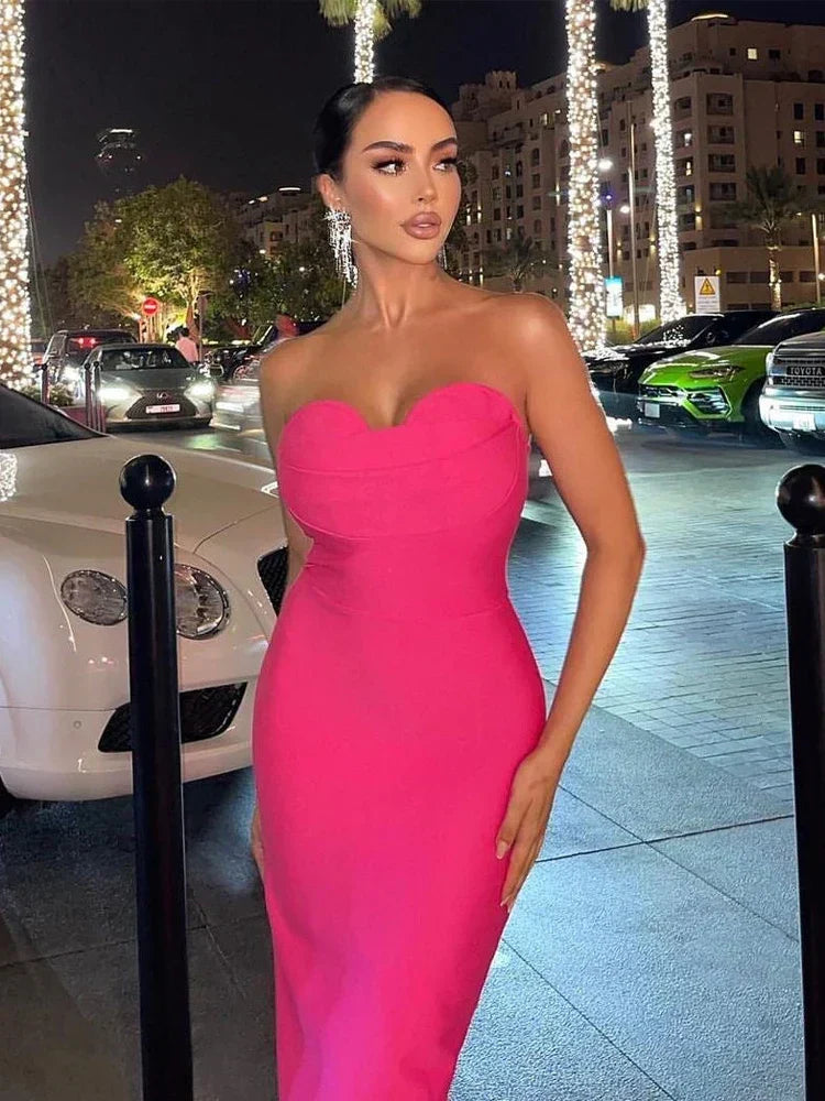 Bandage Strapless Sweetheart Bodycon Midi Dress