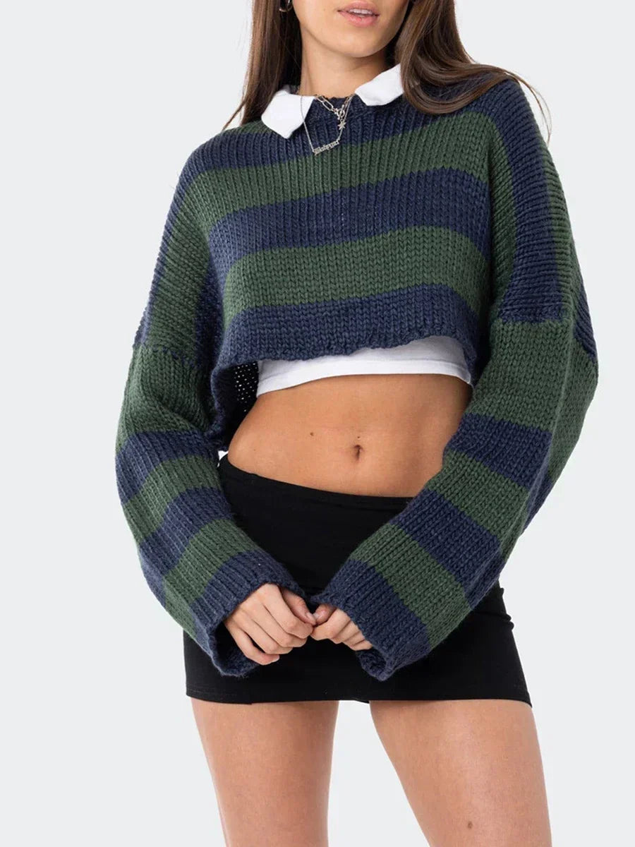 Crew Neck Long Sleeve Striped Chunky Knit Cropped Sweater