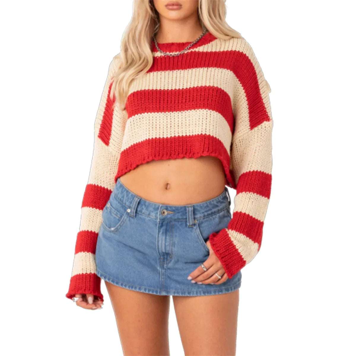 Crew Neck Long Sleeve Striped Chunky Knit Cropped Sweater 8