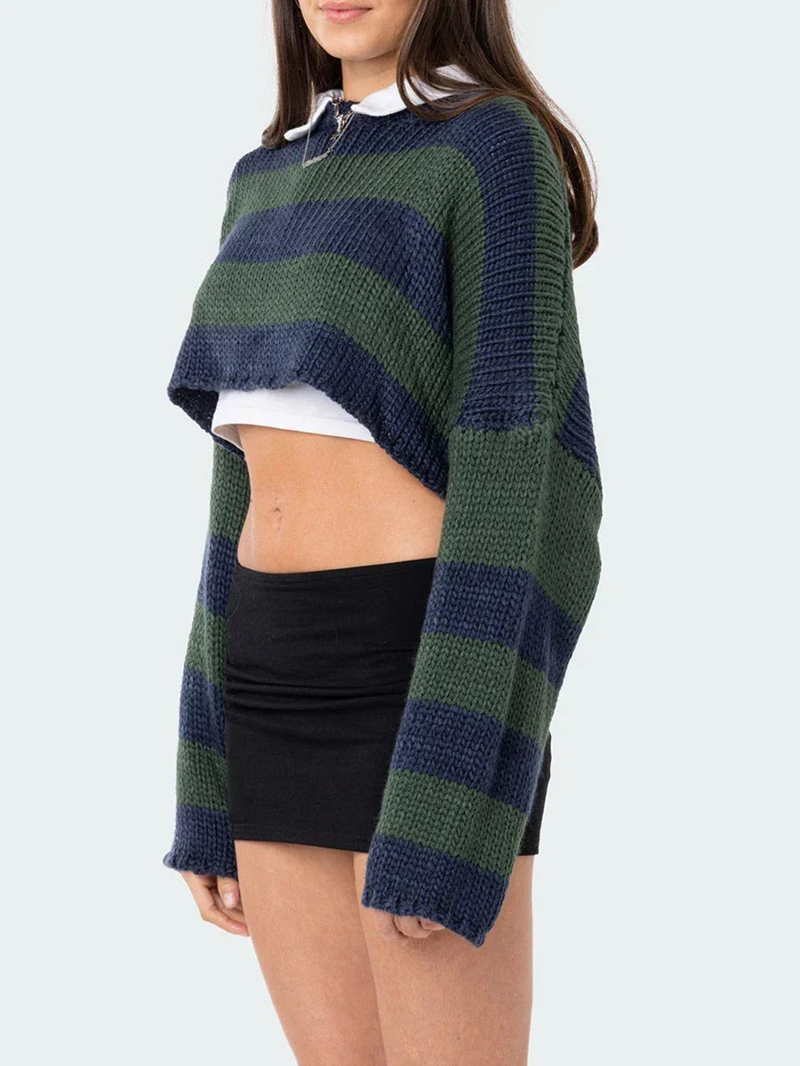 Crew Neck Long Sleeve Striped Chunky Knit Cropped Sweater 3