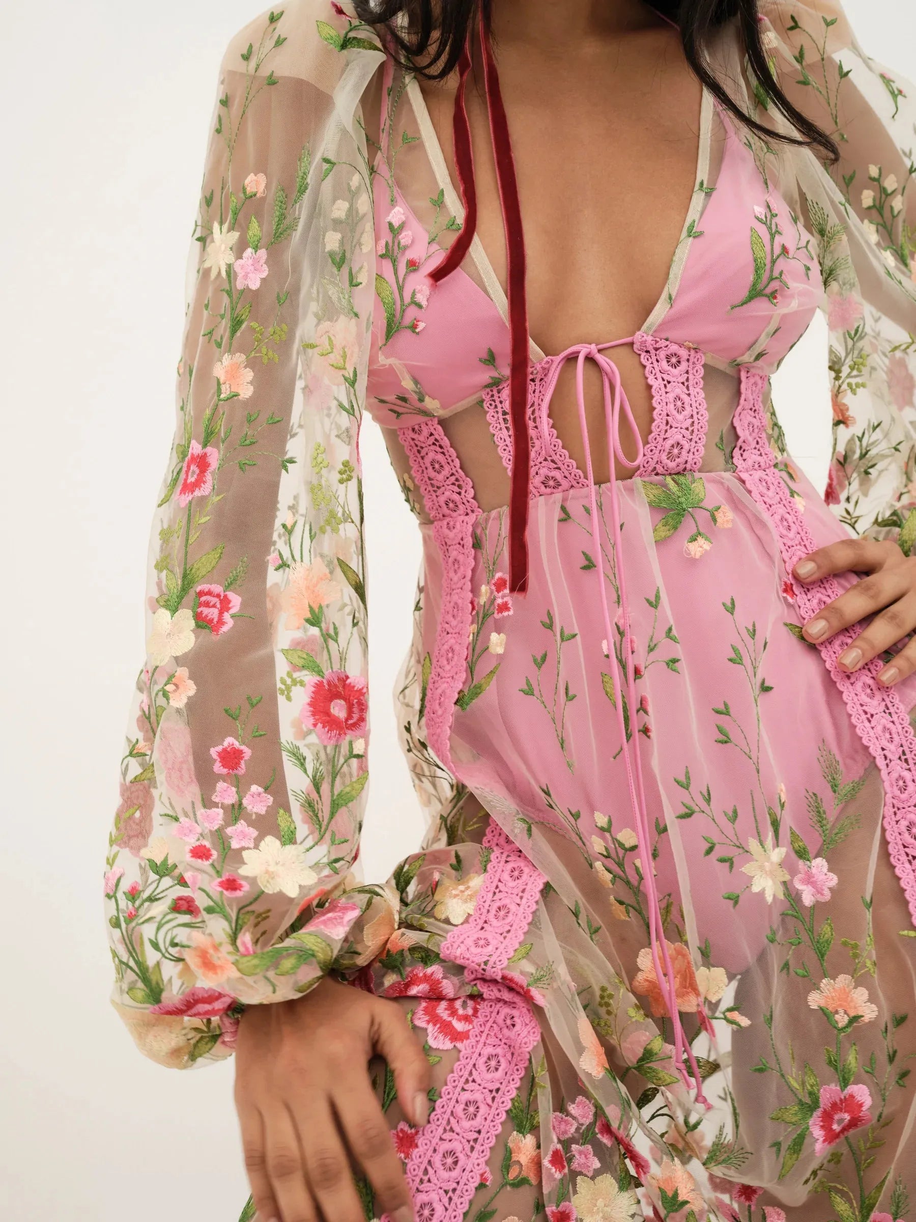 Women Backless Seethrough VNeck Long Sleeve Floral Dress