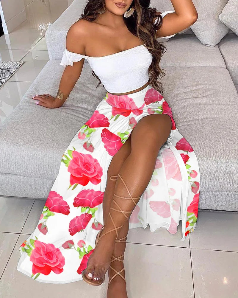 Summer Floral Print Graceful Off Shoulder Split Long Maxi Skirt