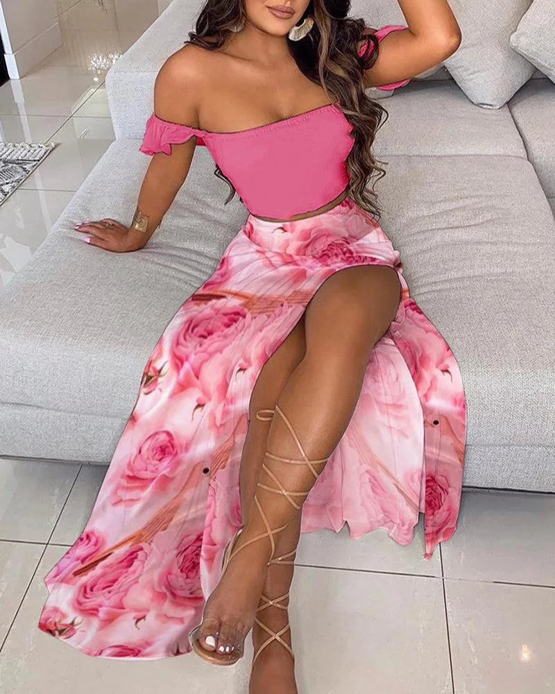 Summer Floral Print Graceful Off Shoulder Split Long Maxi Skirt