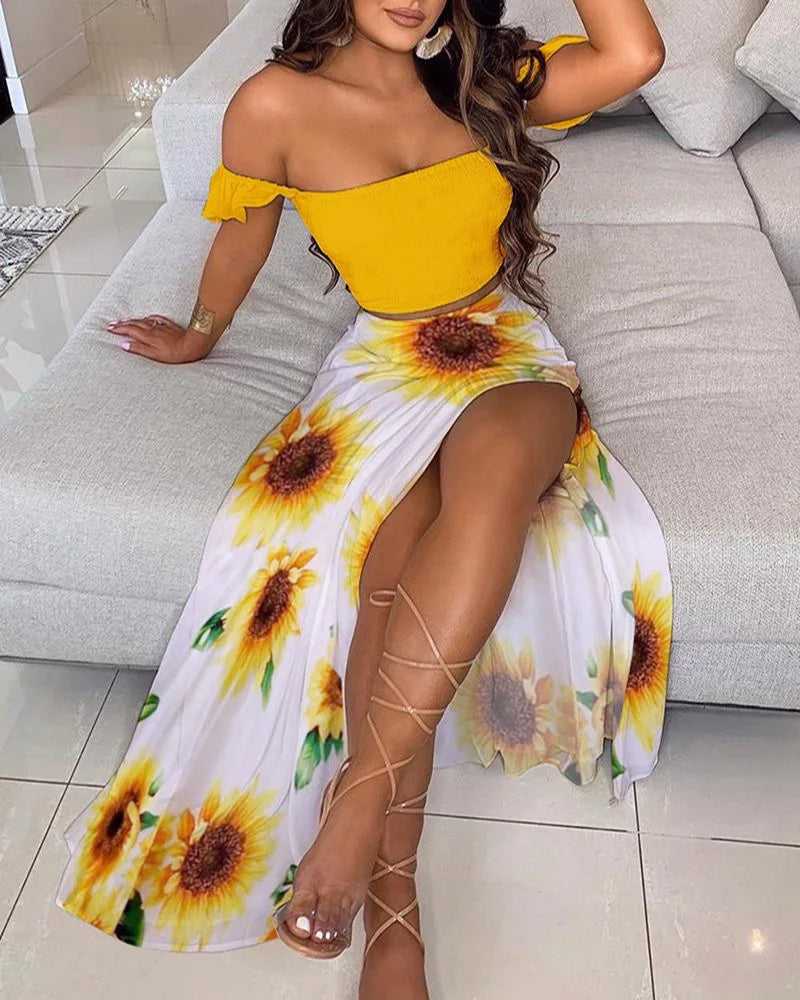 Summer Floral Print Graceful Off Shoulder Split Long Maxi Skirt