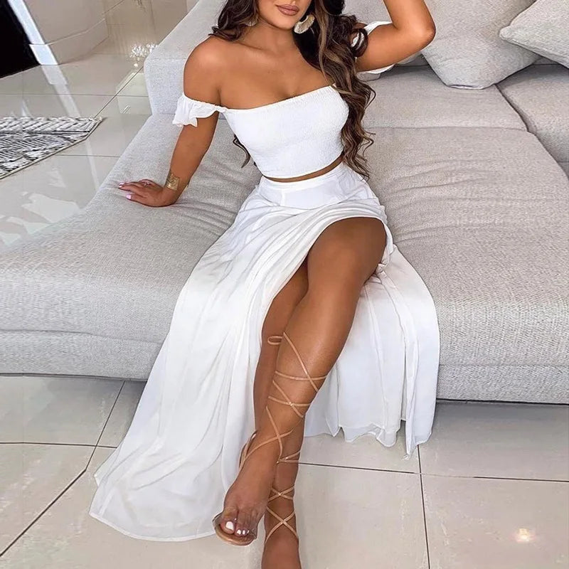 Summer Floral Print Graceful Off Shoulder Split Long Maxi Skirt