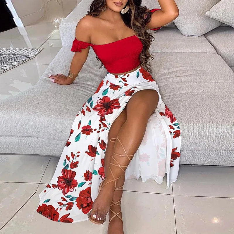 Summer Floral Print Graceful Off Shoulder Split Long Maxi Skirt