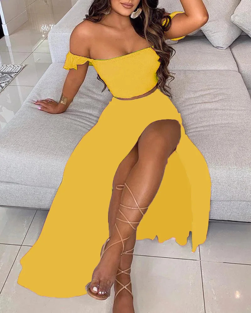 Summer Floral Print Graceful Off Shoulder Split Long Maxi Skirt