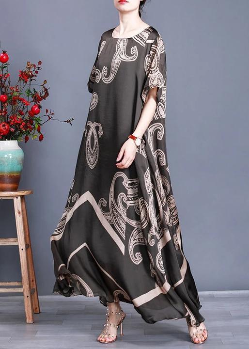 Women Tea Green Print Loose Silk Dress Summer
