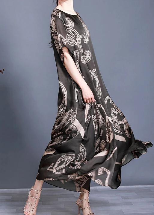 Paisley Print Short Sleeve Crew Neck Loose Maxi Dress