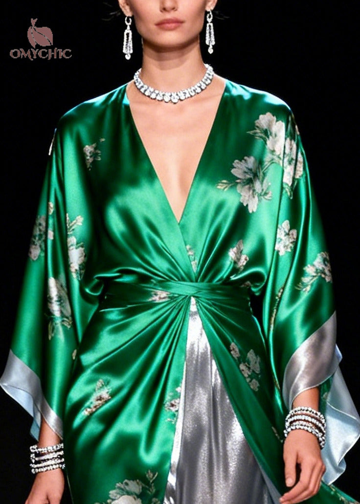 Floral Print Kimono Sleeve Wrap Knot Waist Metallic Lining High Split Maxi Gown
