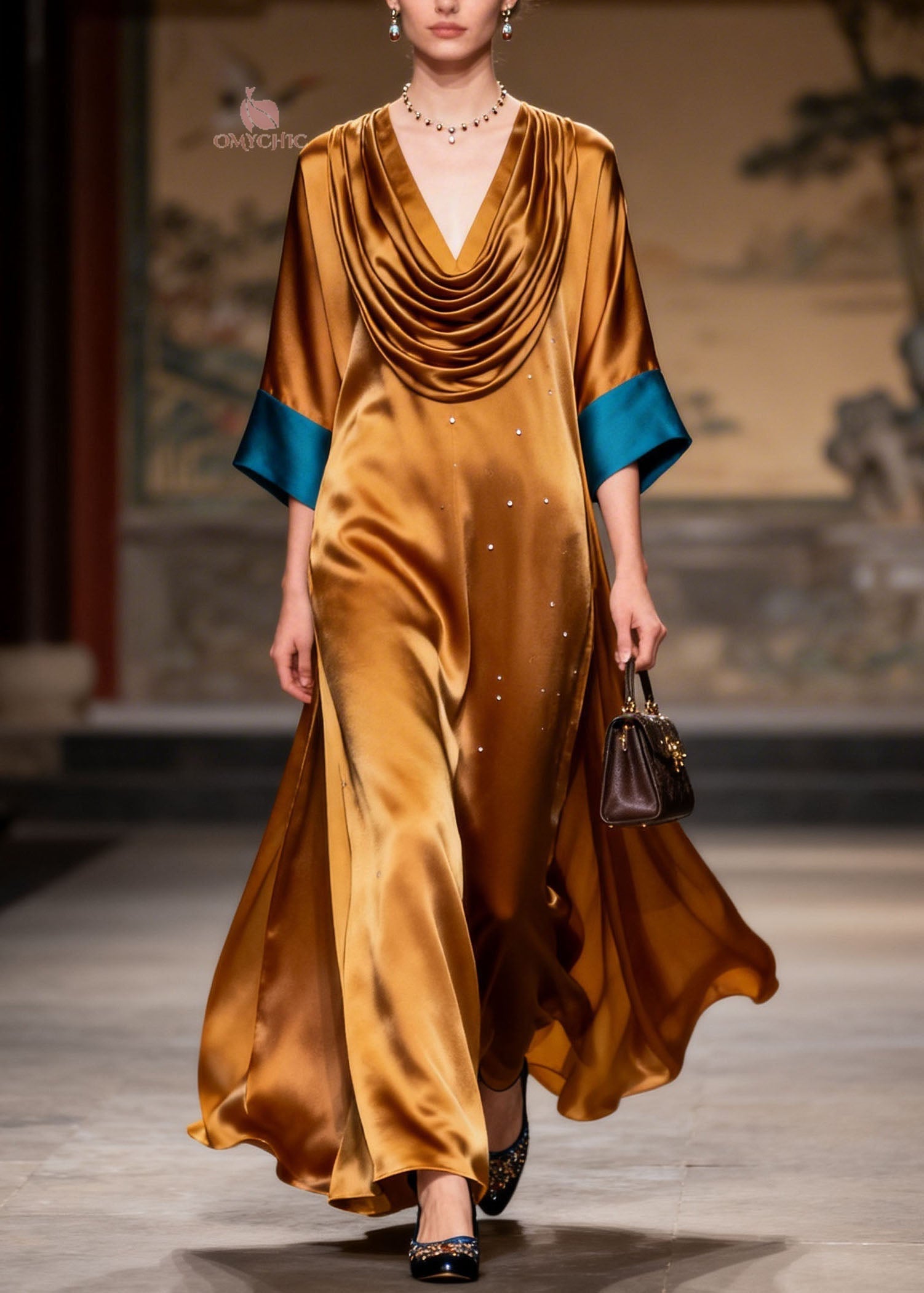 Women Turtle Neck Patchwork Silk Long Dress Summer