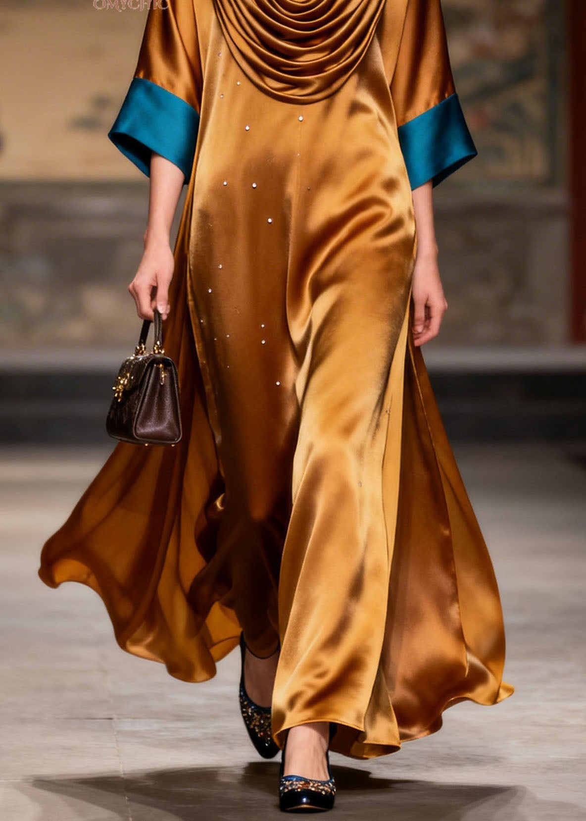 Satin Rhinestone Cowl Neck Contrast Cuff Wide Sleeve High Split Kaftan Maxi Gown