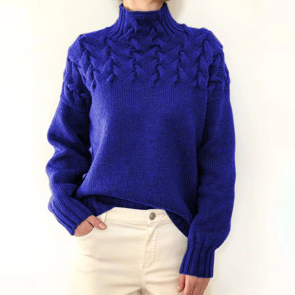 Mock Neck Braided Cable Yoke Long Sleeve Knit Sweater 14