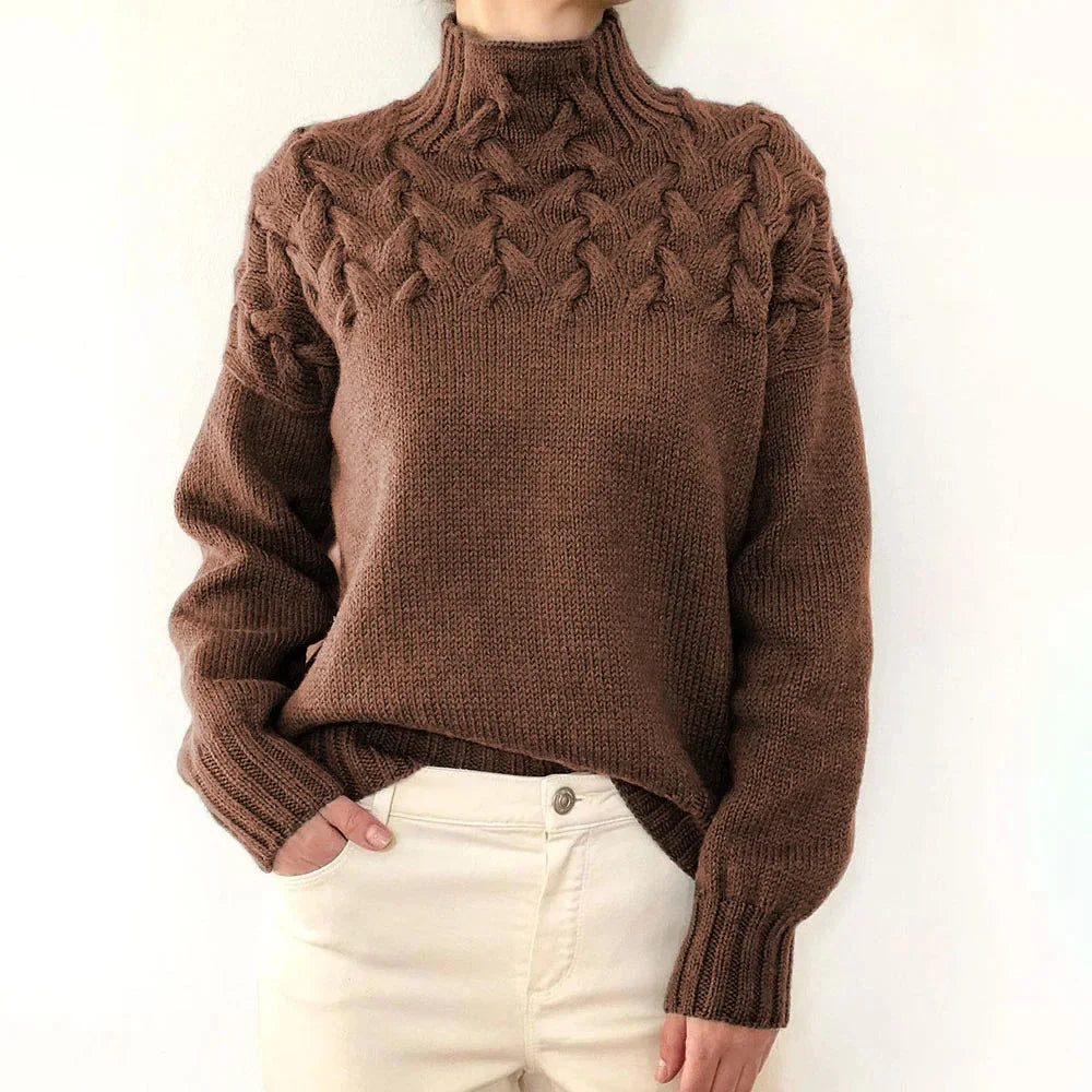 Mock Neck Braided Cable Yoke Long Sleeve Knit Sweater